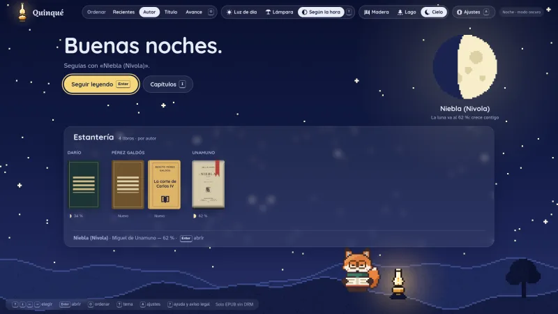 Quinqué en el cielo nocturno: saludo de buenas noches, la luna al 62 % del libro Niebla, la estantería de cristal y el zorro leyendo en la colina junto al quinqué.